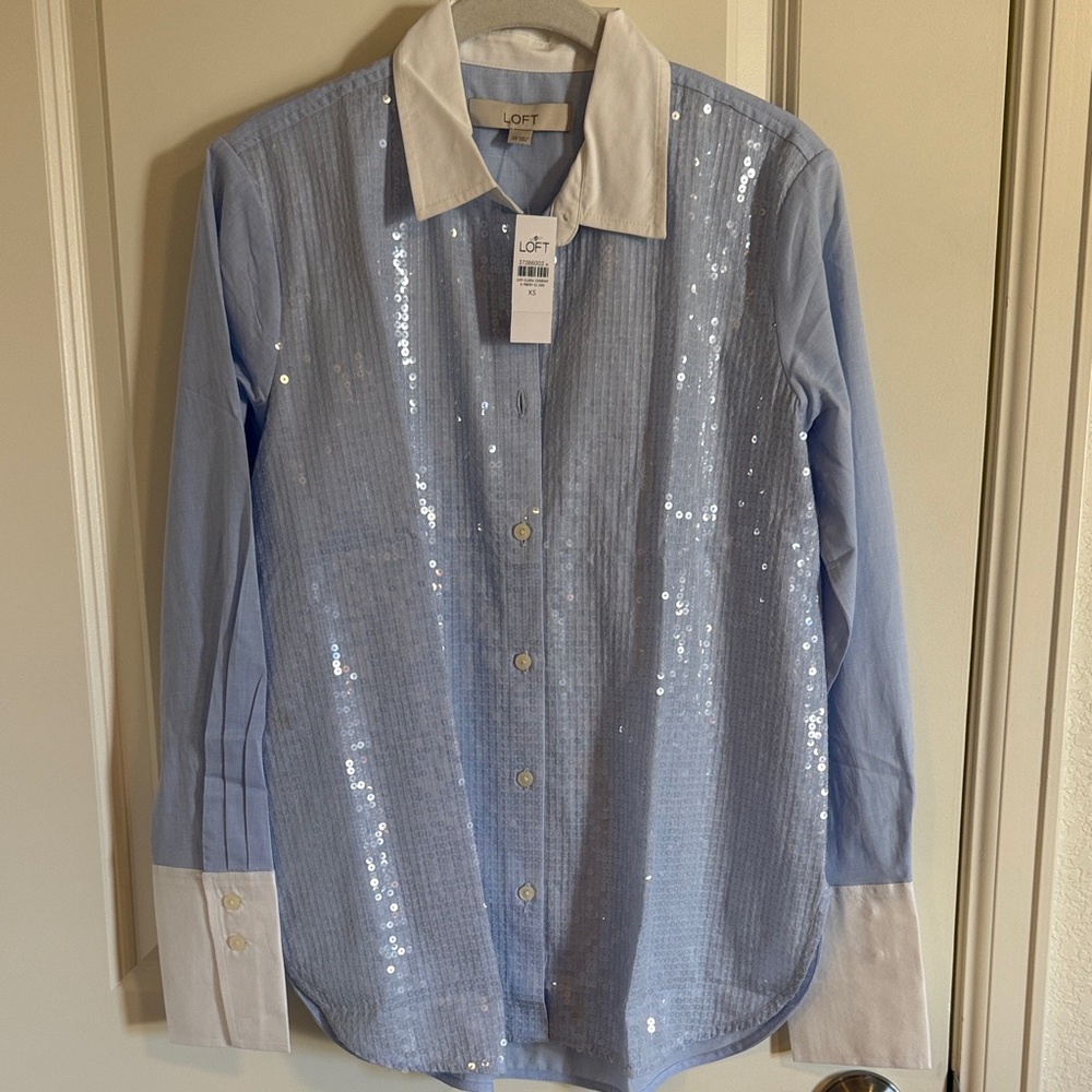 NWT LOFT Light Blue Sequin Button Up